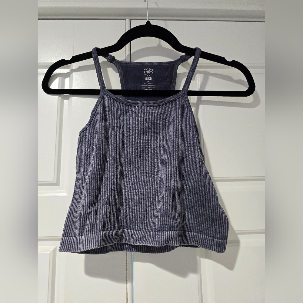 Aura Ribbed High Neck Tank Top – Soft Gray Blue
